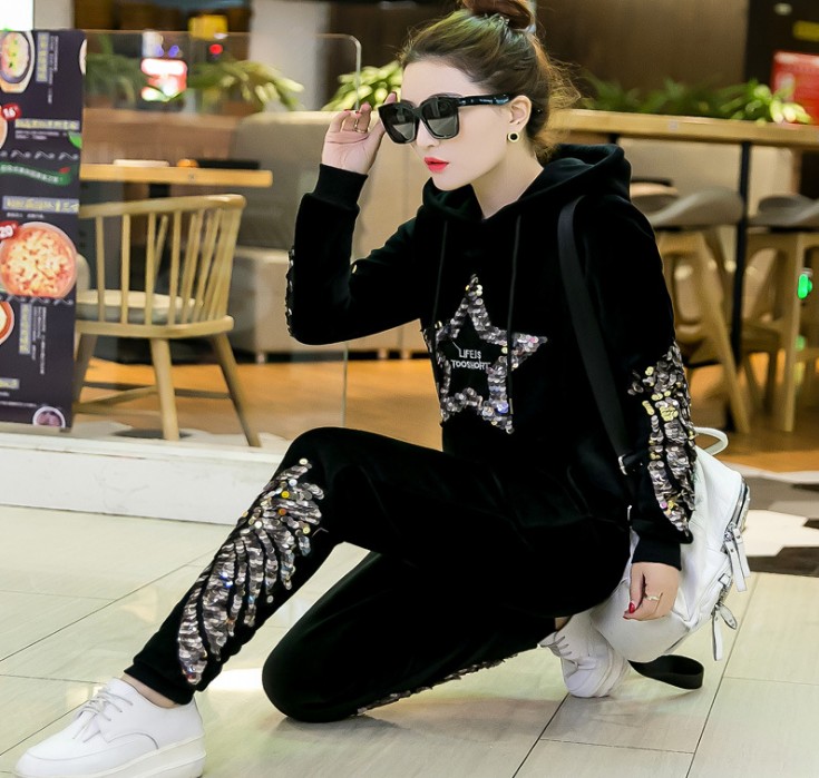 Swan velvet sportswear for women's winter casual loose hooded sweatshirt with fleece and thickened two-piece set