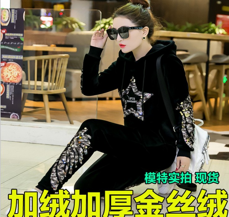 Swan velvet sportswear for women's winter casual loose hooded sweatshirt with fleece and thickened two-piece set Specification image