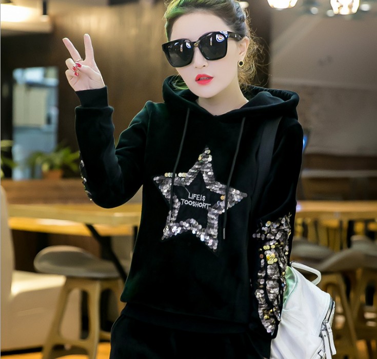 Swan velvet sportswear for women's winter casual loose hooded sweatshirt with fleece and thickened two-piece set details Picture