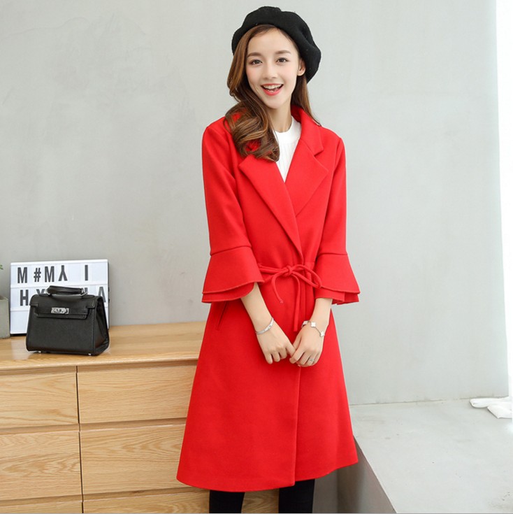 Slim-fitting woolen coat for women, solid color mid-length woolen overcoat, long-sleeved lapel women's clothing details Picture