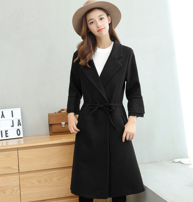 Slim-fitting woolen coat for women, solid color mid-length woolen overcoat, long-sleeved lapel women's clothing Specification image