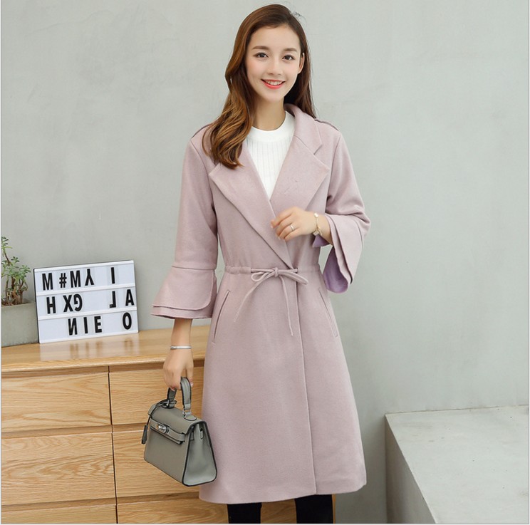 Slim-fitting woolen coat for women, solid color mid-length woolen overcoat, long-sleeved lapel women's clothing
