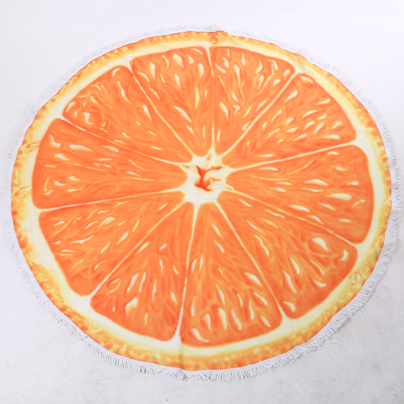 Venta directa de fábrica naranja rebanada impresa circular flecos tejido toalla de playa tapete de piso