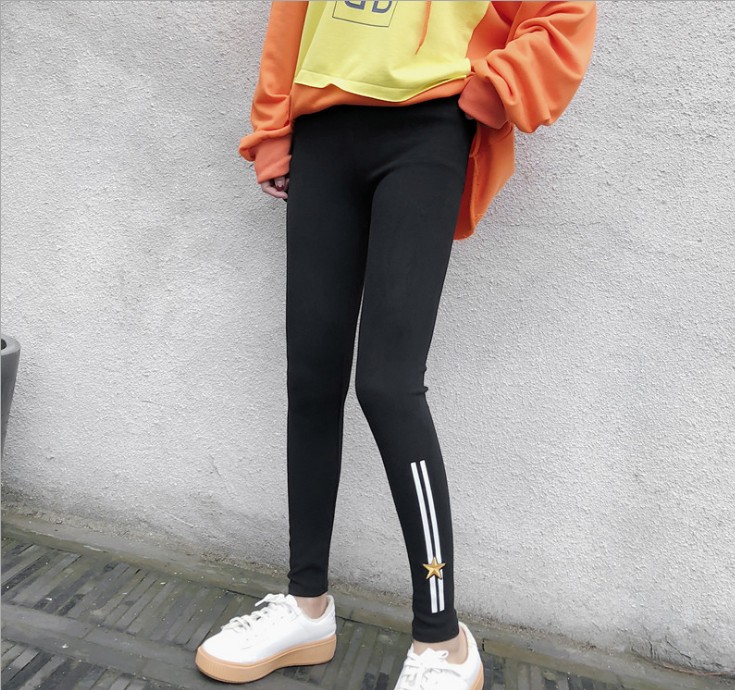 Spring new Korean-style side-striped five-star printed slimming nine-inch skinny pants