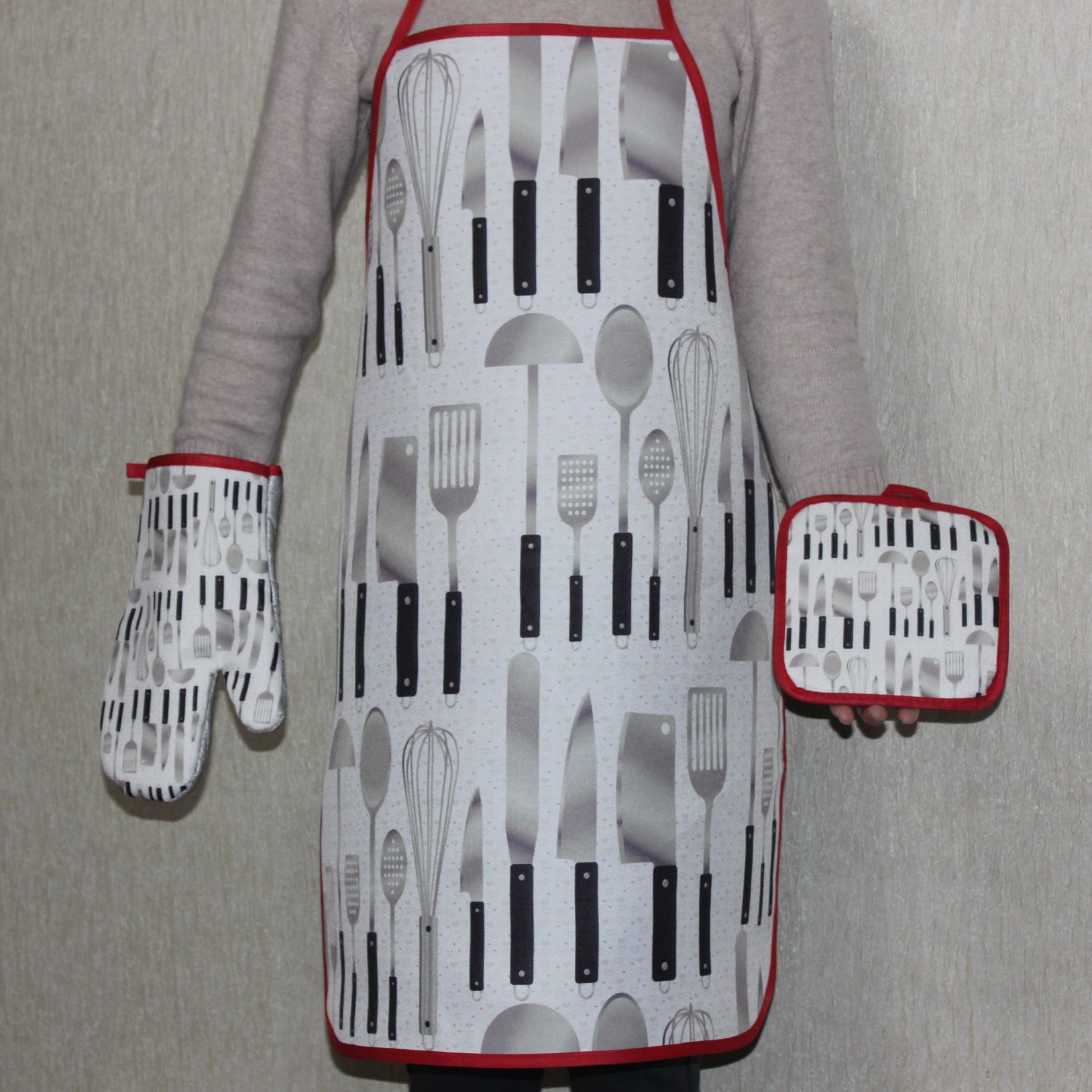 Microwave oven gloves Mat apron 3 set kitchen printing 3 set heat transfer gloves 3 set