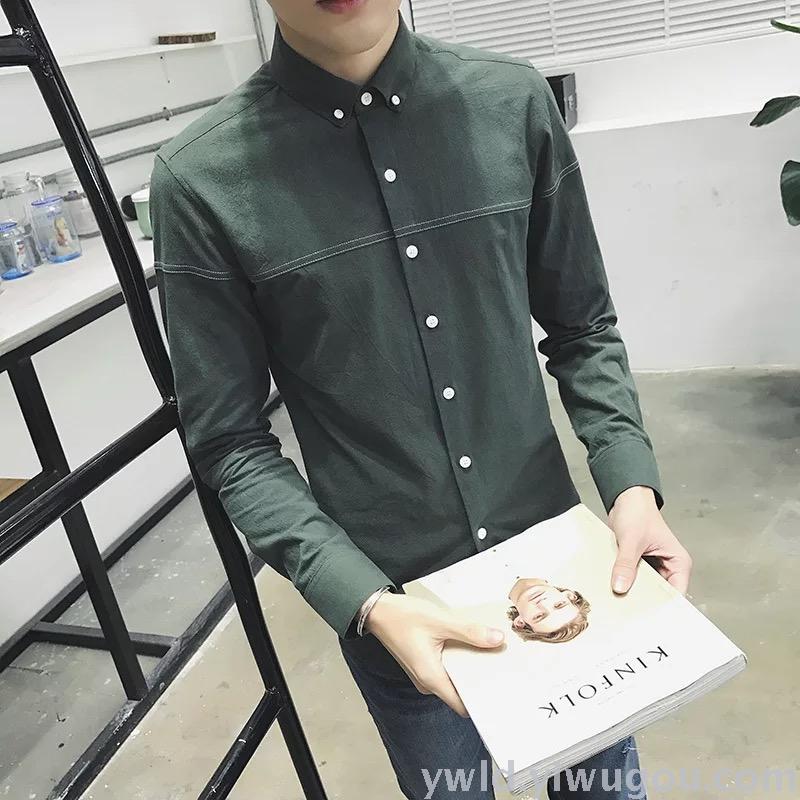 2017春季新款男士纯棉长袖衬衫韩版休闲修身青年学生衬衣图