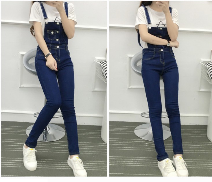 New strappy skinny denim overalls for women, school-style student casual trousers, slimming jumpsuits