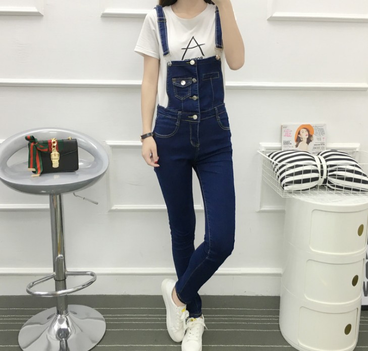 New strappy skinny denim overalls for women, school-style student casual trousers, slimming jumpsuits details Picture