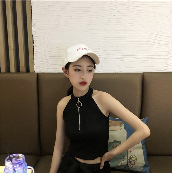 A short women's dress with a crop top that exposes the navel and slimming figure, featuring a circular decoration and zipper, is a student base sleeveless vest details Picture