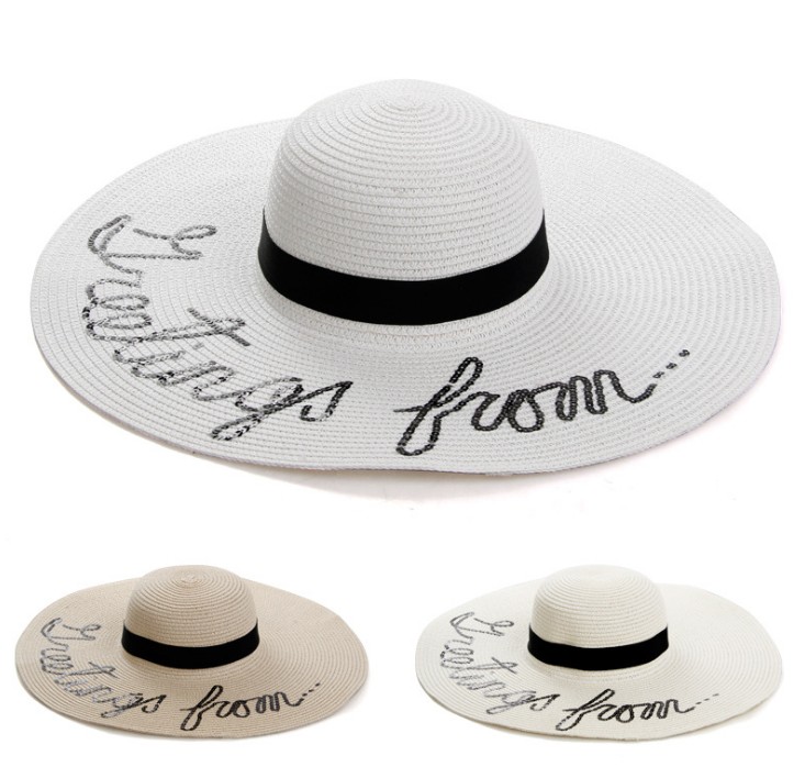 A women's summer straw hat with sequined letters and a wide brim folding sun hat, the same style as Liu Tao and Andy in "Ode to Joy"