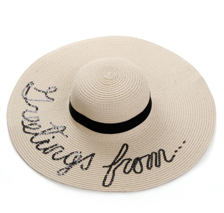 A women's summer straw hat with sequined letters and a wide brim folding sun hat, the same style as Liu Tao and Andy in "Ode to Joy" details Picture
