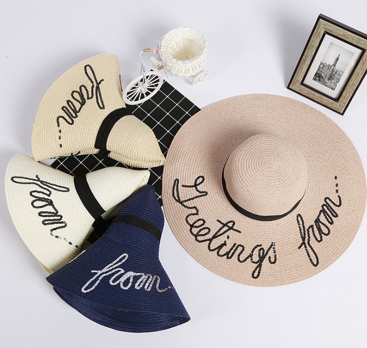 Sun hat, Lady's Ode to Joy, Andy's same style, big brim embroidered sequined straw hat, summer sun hat
