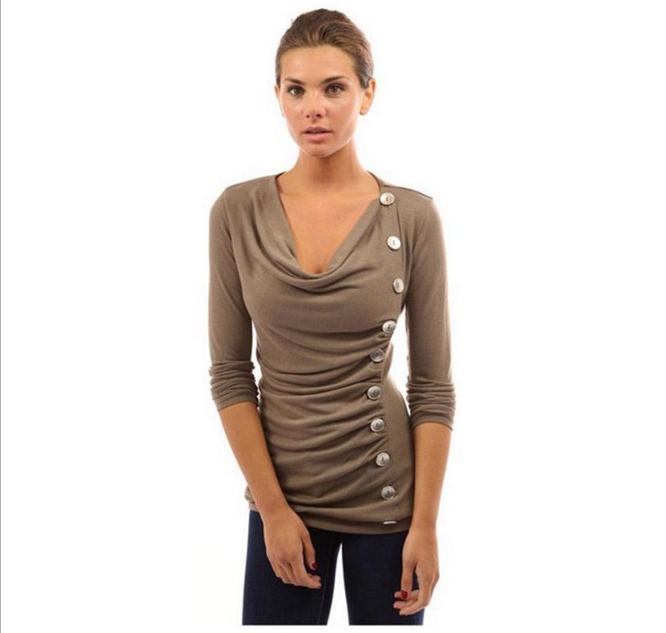 Amazon's best-selling European and American foreign trade women's button solid-color long-sleeved T-shirt details Picture