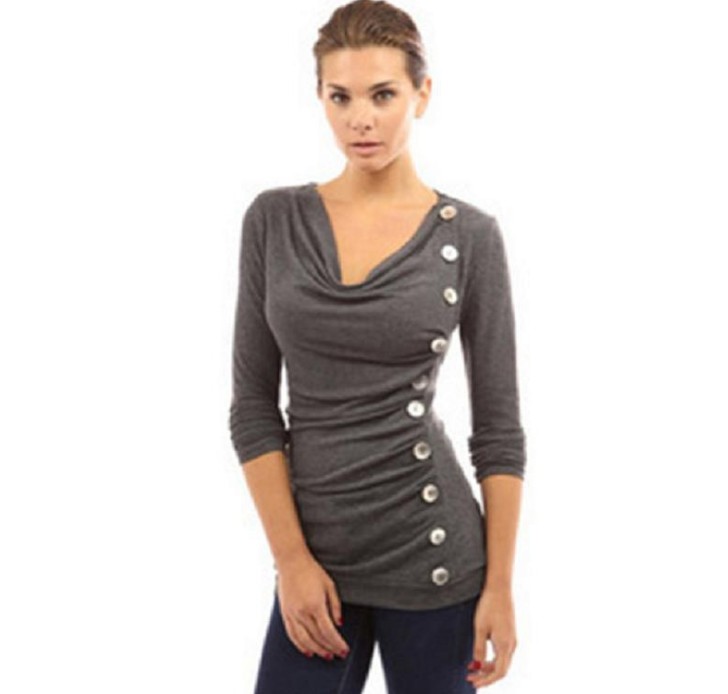 Amazon's best-selling European and American foreign trade women's button solid-color long-sleeved T-shirt Specification image