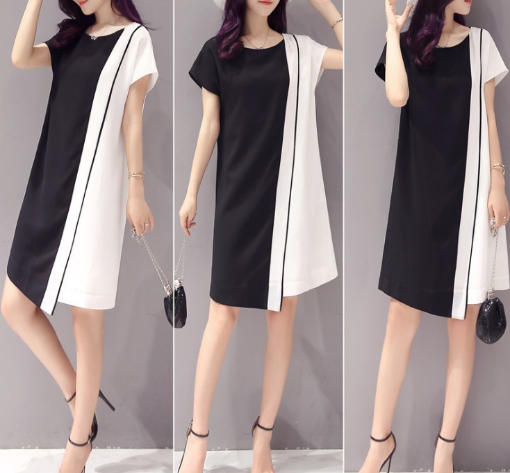 European-style plus-size women's dress with slimming and form-fitting features a chiffon color-blocking short-sleeved mid-length dress