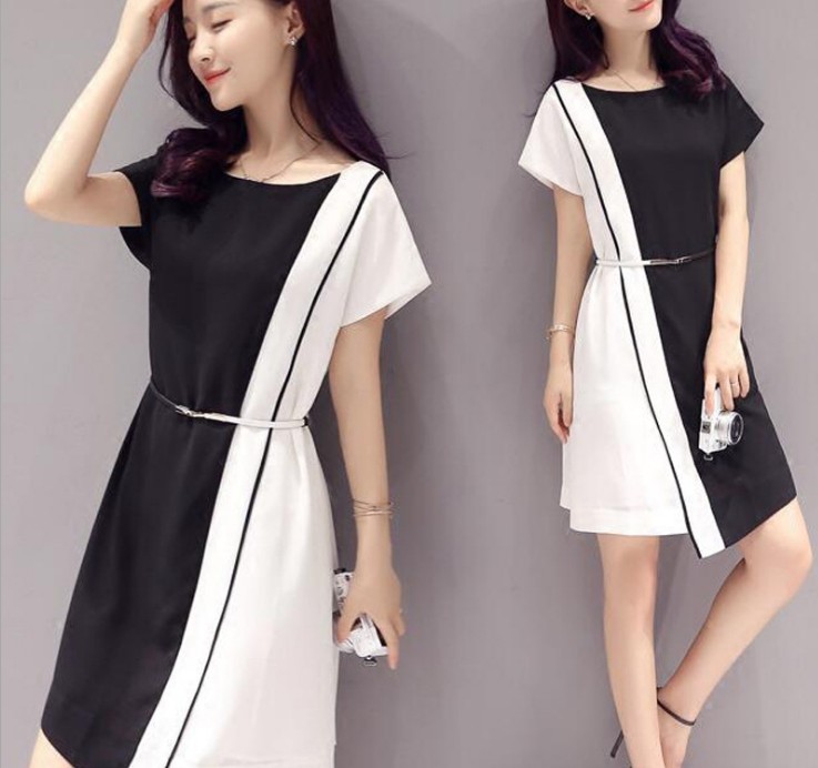 European-style plus-size women's dress with slimming and form-fitting features a chiffon color-blocking short-sleeved mid-length dress Specification image
