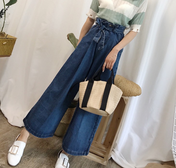High-waisted flower bud lace-up dark jeans, wide-leg loose nine-inch pants, trendy pants