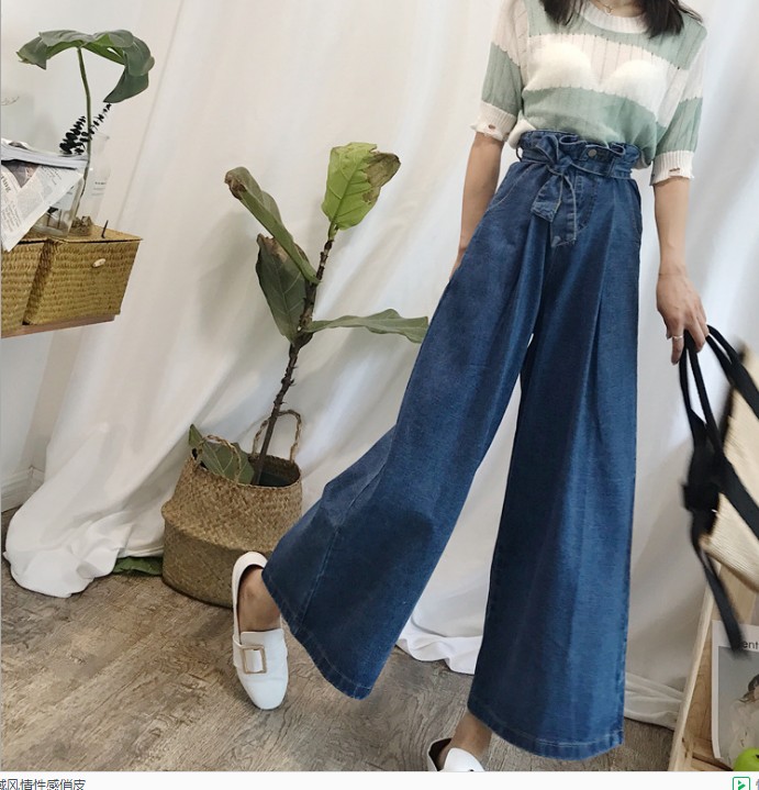 High-waisted flower bud lace-up dark jeans, wide-leg loose nine-inch pants, trendy pants Application Scenario