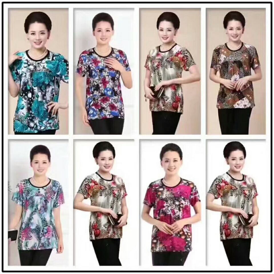 Middle-aged and elderly women's fake cardigans, large-sized ice silk short-sleeved T-shirts, street stall supply details Picture