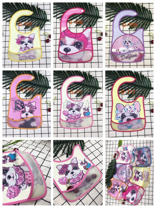 Baby eco-friendly PU front pocket, dirt-proof and leak-proof baby bib, cute printed puppy bib for export Specification image