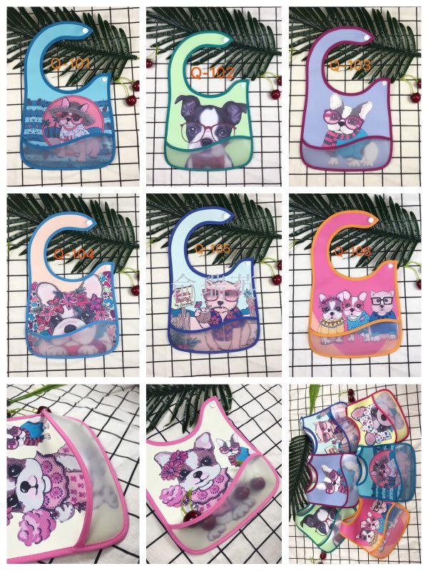 Baby eco-friendly PU front pocket, dirt-proof and leak-proof baby bib, cute printed puppy bib for export details Picture