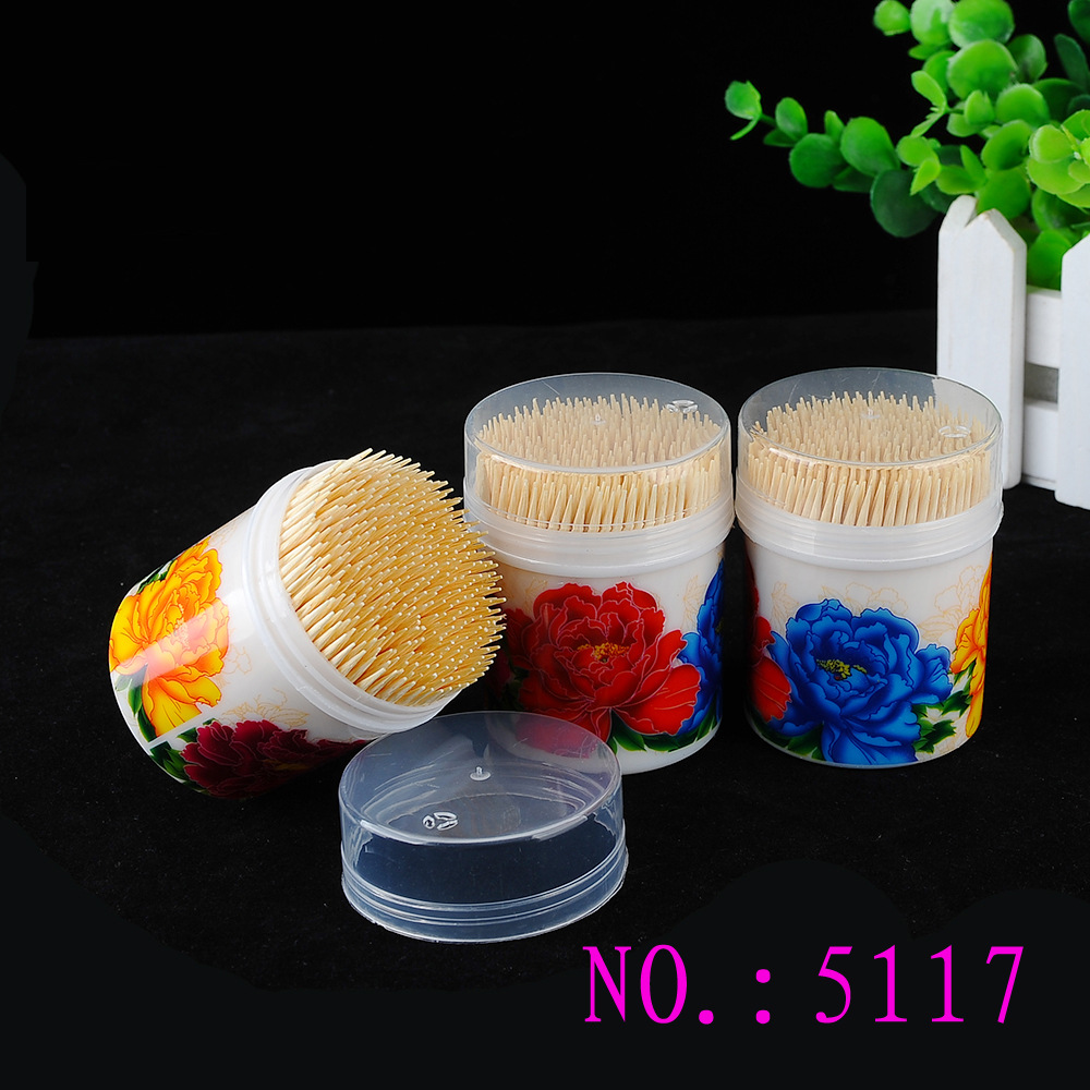 天然竹质青花瓷筒签 牡丹盛开创意塑料圆筒装旅行便携装透明盖子
