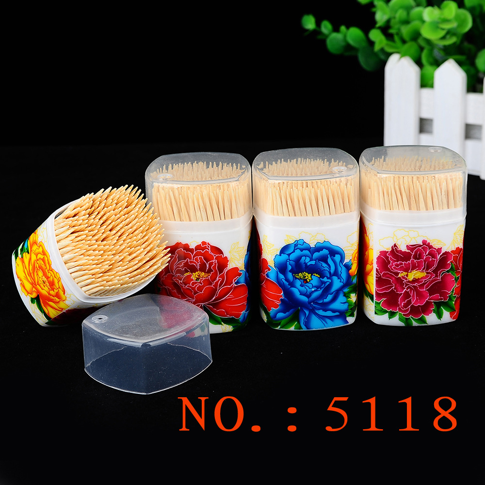 天然竹质青花瓷筒签 牡丹盛开创意塑料方筒装旅行便携装透明盖子