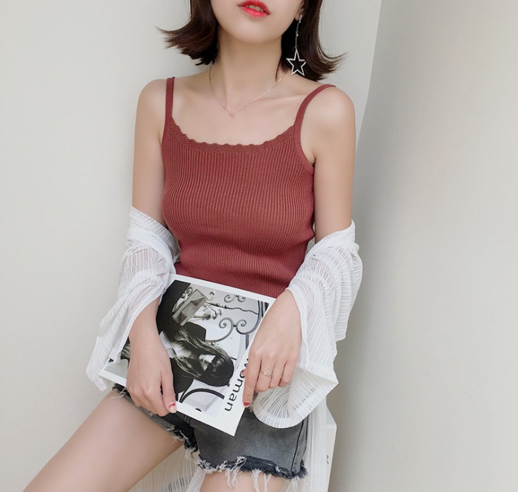 小花边夏季纯色打底针织吊带背心女短款修身显瘦无袖上衣