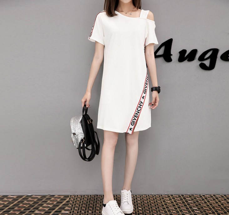 New off-the-shoulder halter loose mid-length short-sleeved T-shirt women's plus-size base dress details Picture