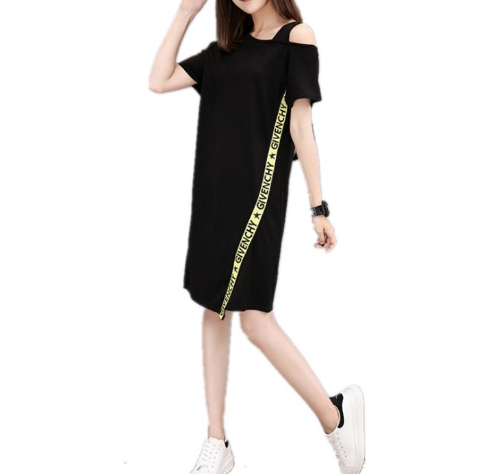 New off-the-shoulder halter loose mid-length short-sleeved T-shirt women's plus-size base dress Specification image