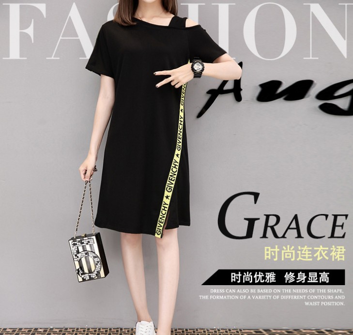 New off-the-shoulder halter loose mid-length short-sleeved T-shirt women's plus-size base dress Application Scenario