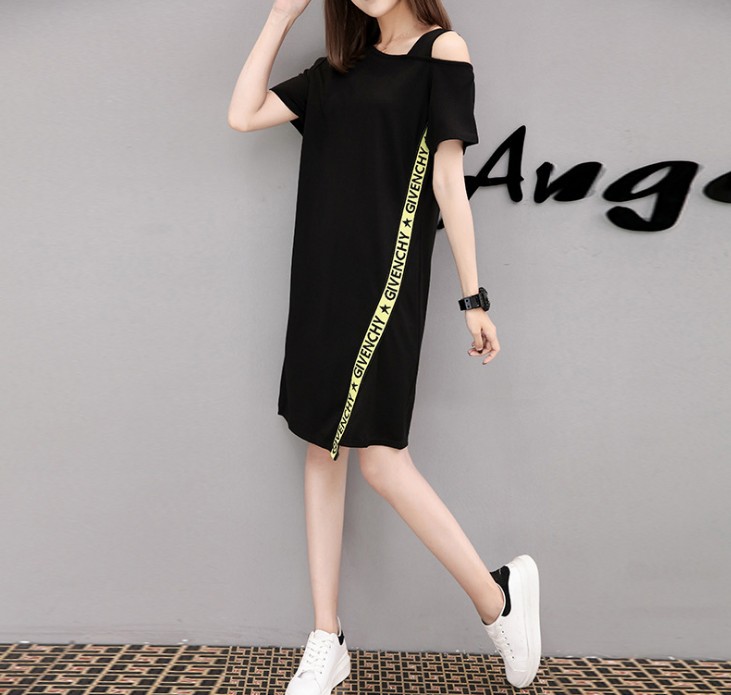 New off-the-shoulder halter loose mid-length short-sleeved T-shirt women's plus-size base dress