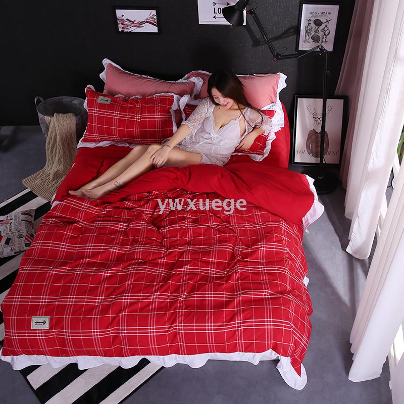 Bedding: All-cotton reactive printed black and white checkered four-piece set, pure cotton quilt cover details Picture