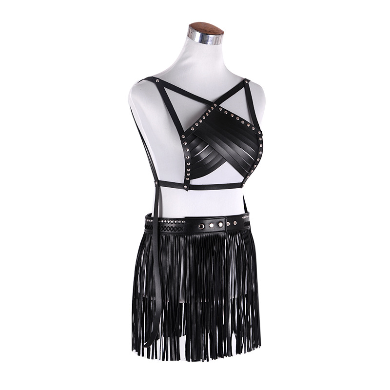 2018 New European and American ethnic style women's adjustable skirt PU set Women's belt tassel skirt belt top details Picture