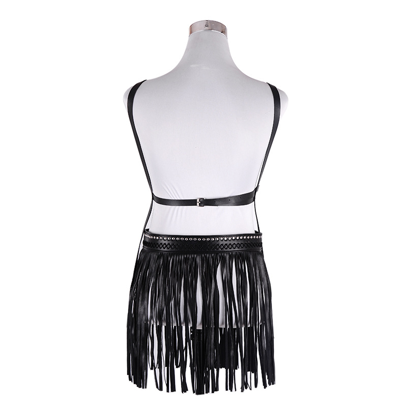 2018 New European and American ethnic style women's adjustable skirt PU set Women's belt tassel skirt belt top Specification image
