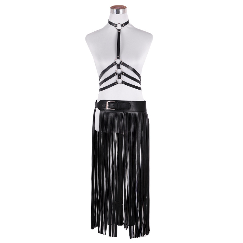 New European and American ethnic style women's adjustable skirt, women's PU set, waist seal, tassel fringe skirt, waist belt top