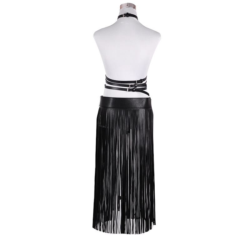 New European and American ethnic style women's adjustable skirt, women's PU set, waist seal, tassel fringe skirt, waist belt top Specification image