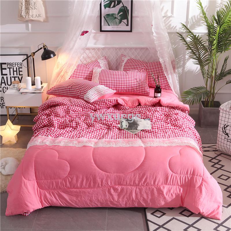 Dyed washed cotton summer quilt with lace, Korean version pink four-piece quilted washed summer quilt