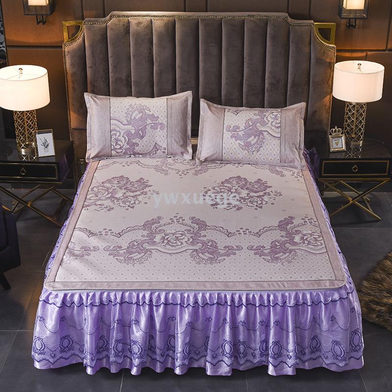 2018 new model 600D washable ice silk mat, machine washable bed skirt, Lucky Deer purple gold details Picture