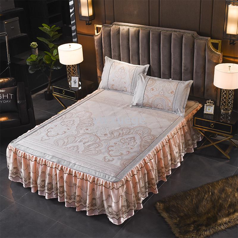 2018 new model 600D washable ice silk mat, machine washable bed skirt, Lucky Deer purple gold Specification image