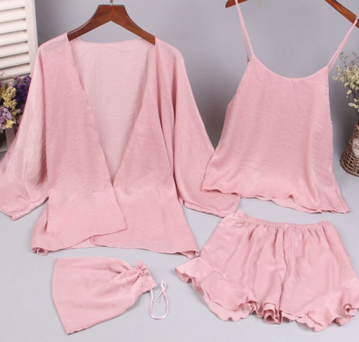 Sexy ice silk pajamas four-piece set, women's summer halter shorts, smooth silk solid color summer home wear