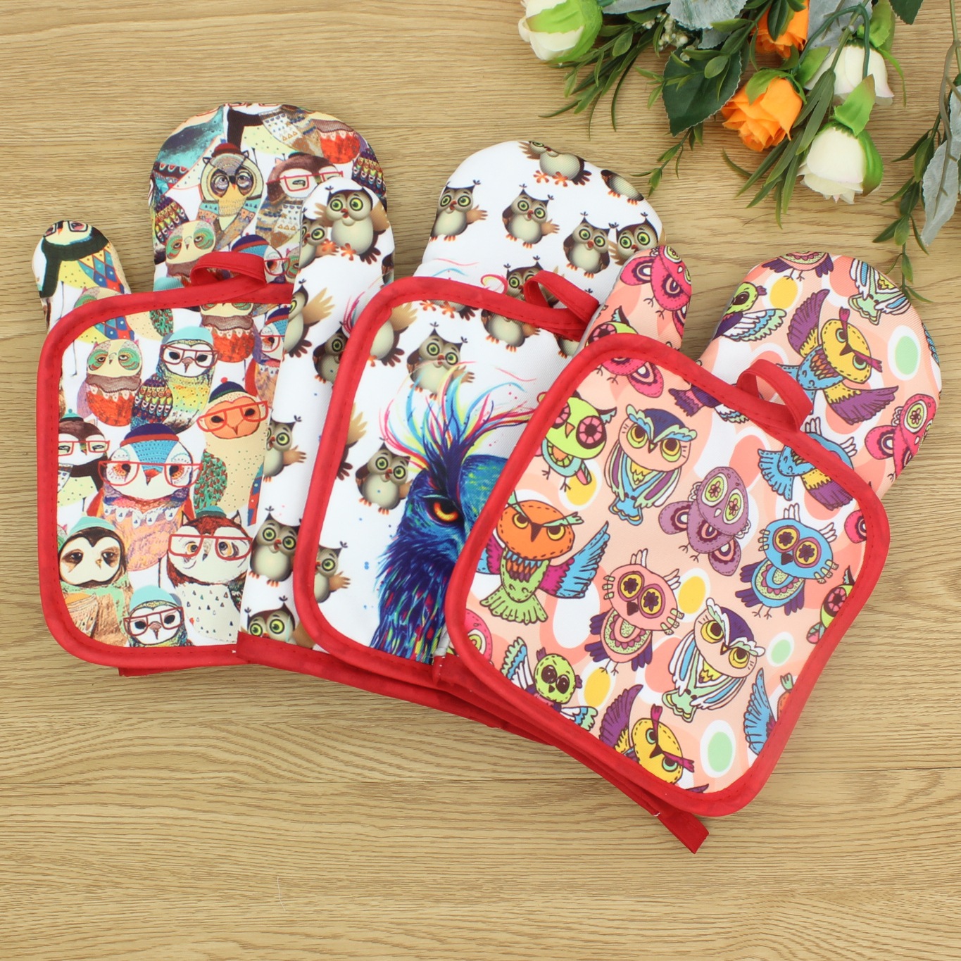 Owl microwave oven mitts Heat mat two-piece heat proof mitts Oven baking mitts