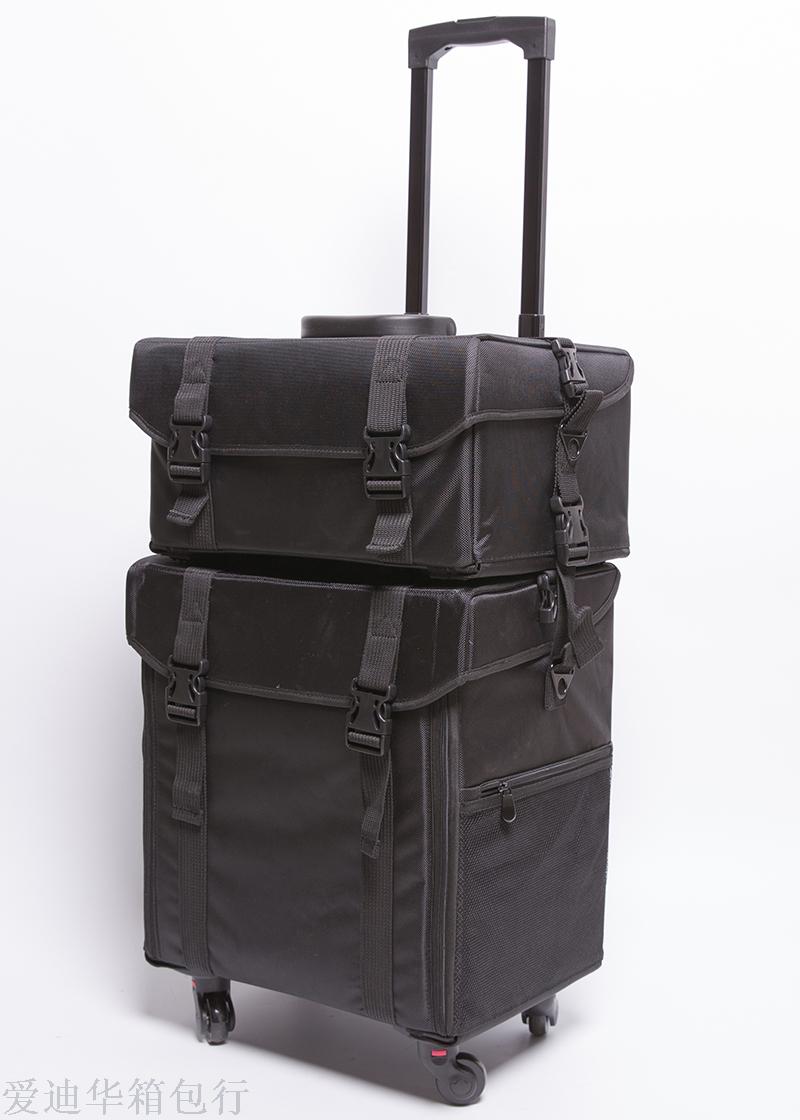 Large-capacity multi-layer multi-functional Oxford fabric waterproof universal wheel adjustable pull rod cosmetic case, black