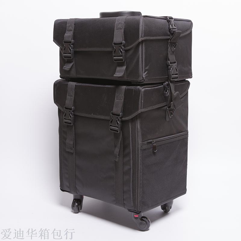 Large-capacity multi-layer multi-functional Oxford fabric waterproof universal wheel adjustable pull rod cosmetic case, black details Picture