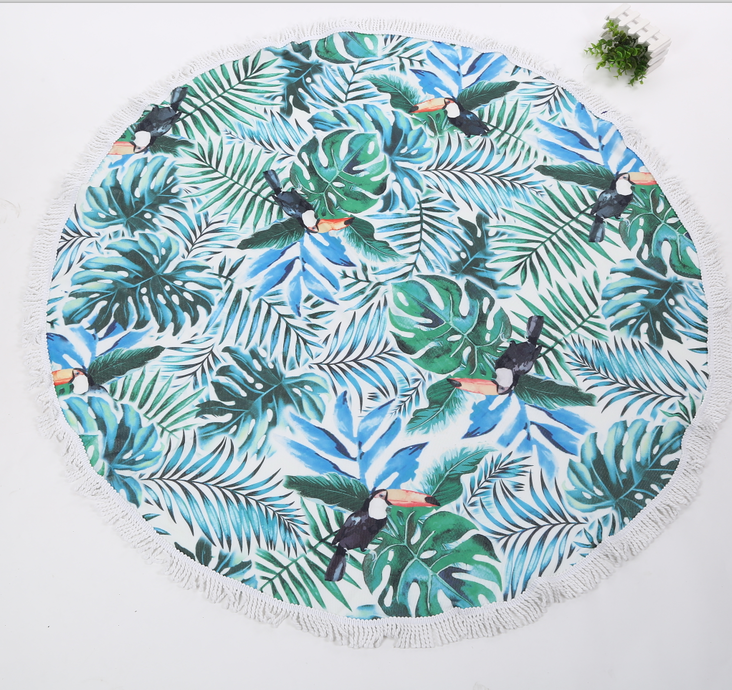 Green leaf parrot beach towel, summer Perilla round beach towel