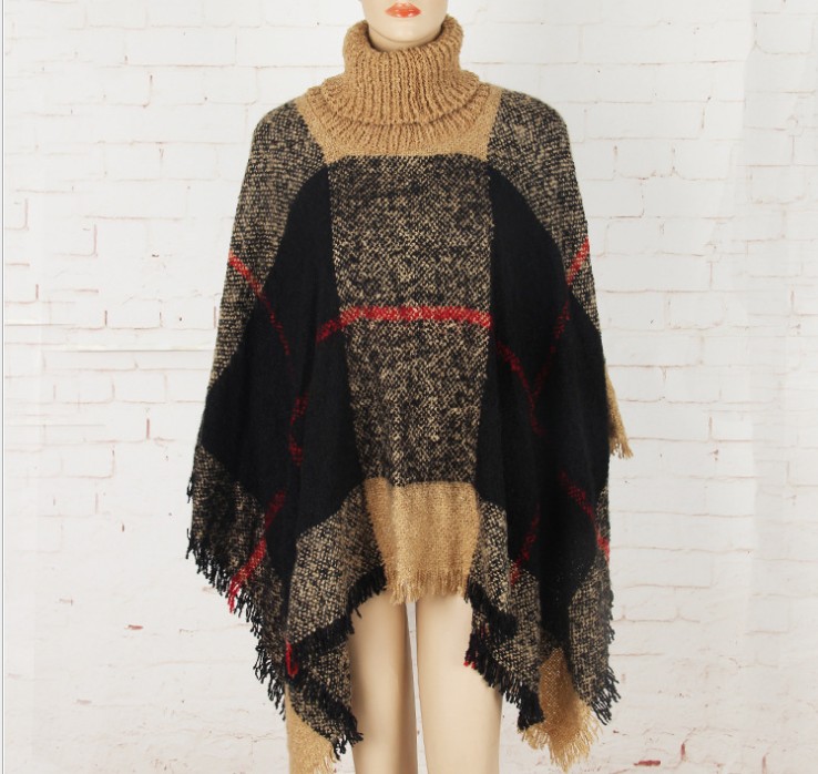 宽松高领格子腈纶斗篷披肩速卖通热销女款百搭斗篷