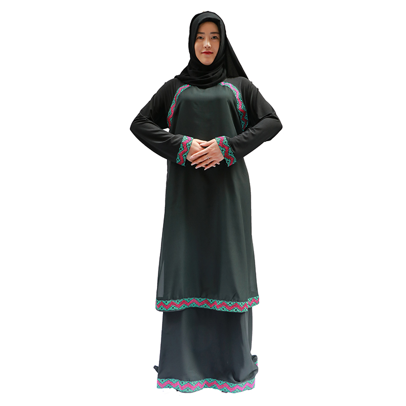 穆斯林女装黑袍混色带花边双层长裙厂家现货一件可发图