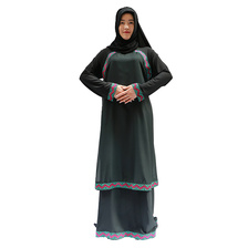穆斯林女装黑袍混色带花边双层长裙厂家现货一件可发