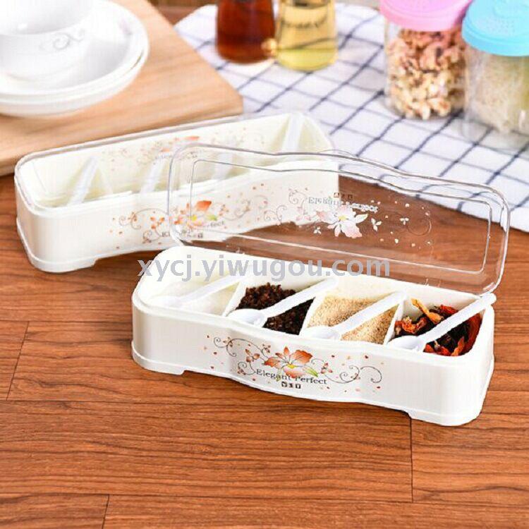 Kitchen seasoning box with spoon, transparent seasoning jar, plastic seasoning box, flip-top four-compartment monosodium glutamate box Specification image
