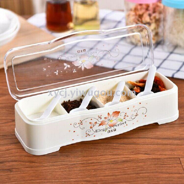 Kitchen seasoning box with spoon, transparent seasoning jar, plastic seasoning box, flip-top four-compartment monosodium glutamate box